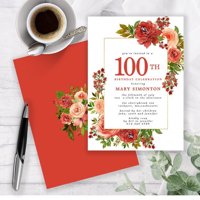 Burgundy Red Coral Pink Rose 100th Birthday Invitation (Creator Uploaded)