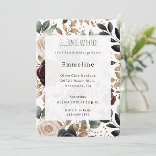 Burgundy Red Cream Floral Birthday   Invitation