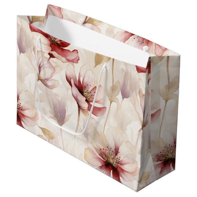 Burgundy Red Cream Floral Bridal Shower Large Gift Bag (Front Angled)
