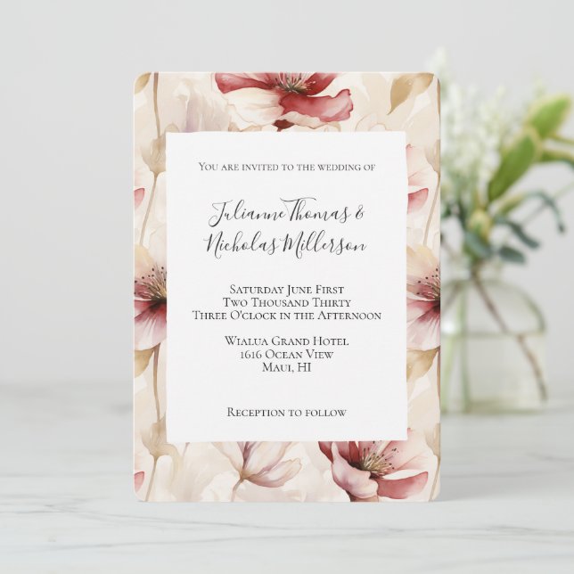 Burgundy Red Cream Floral Wedding  Invitation (Standing Front)