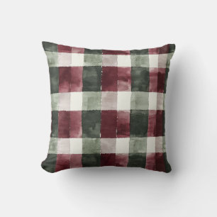 Burgundy Red Cream Green Plaid Christmas Cushion
