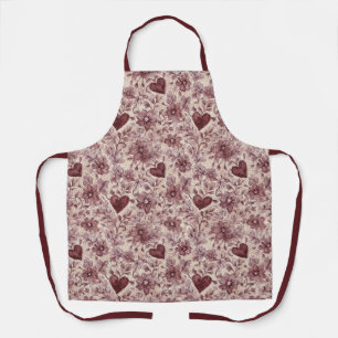 Burgundy Red Cream Hearts & Flowers Apron