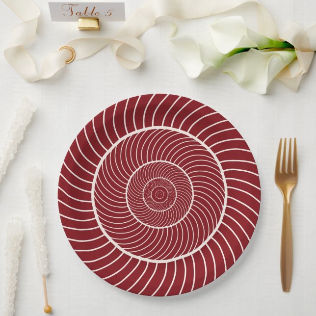 Burgundy red cream spiral snail fibonacci sequence paper plate (Wedding)