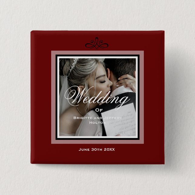 Burgundy red custom wedding couple photo  15 cm square badge (Front)