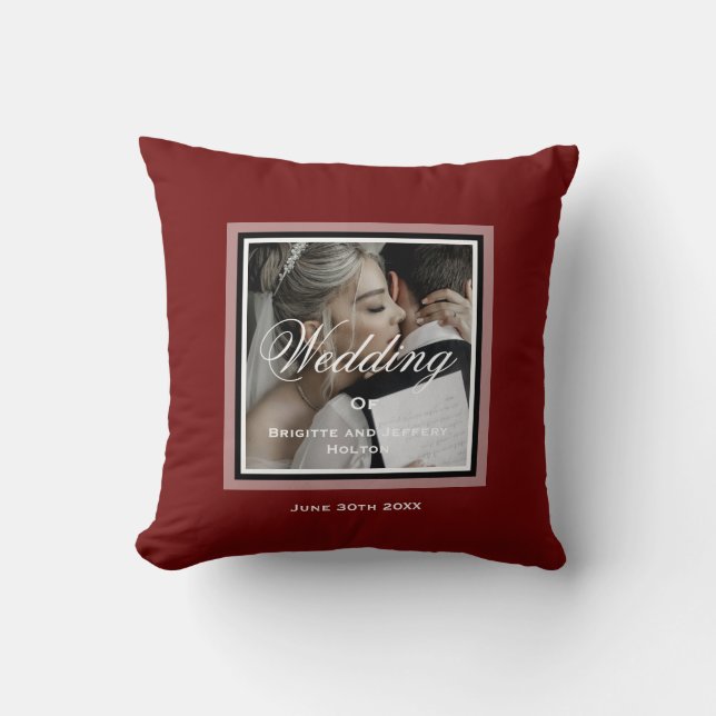 Burgundy red customisable wedding photo cushion (Front)