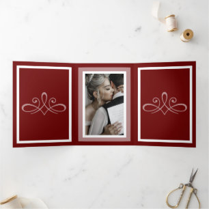 Burgundy red customisable wedding photo Tri-Fold programme