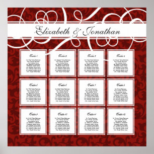 Burgundy Red Damask 12 Wedding Table Seating Chart
