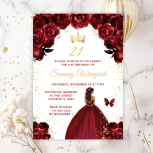 Burgundy Red Dark Skin Princess Birthday Party Invitation