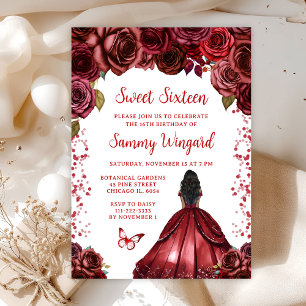 Burgundy Red Dark Skin Princess Sweet Sixteen Invitation