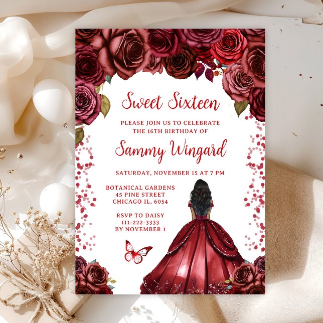 Burgundy Red Dark Skin Princess Sweet Sixteen Invitation (Creator Uploaded)