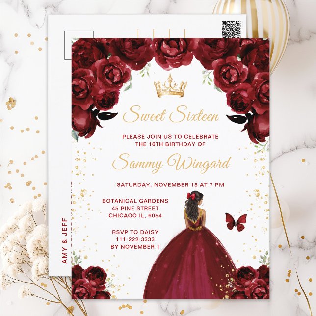 Burgundy Red Dark Skin Princess Sweet Sixteen Postcard (Creator Uploaded)