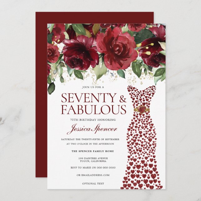 Burgundy Red Dress 70 & Fabulous 70th Birthday Invitation (Front/Back)