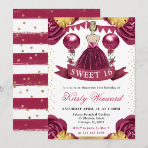 Burgundy Red Dress Blonde Hair Princess Sweet 16 Invitation