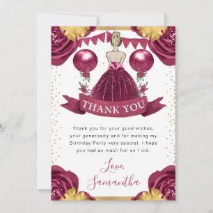 Burgundy Red Dress Blonde Haired Princess Birthday Thank You Card
