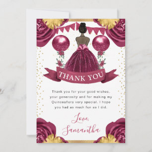 Burgundy Red Dress Dark Skin Princess Quinceanera Thank You Card