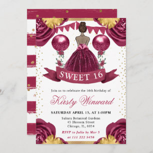 Burgundy Red Dress Dark Skin Princess Sweet 16 Invitation