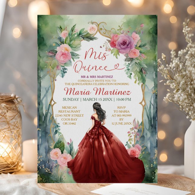 Burgundy Red Dress Forest Princess 15 Mis Quince Invitation (Creator Uploaded)