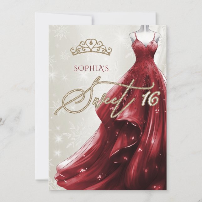 Burgundy Red Dress Snowflakes Winter Sweet 16 Invitation (Front)