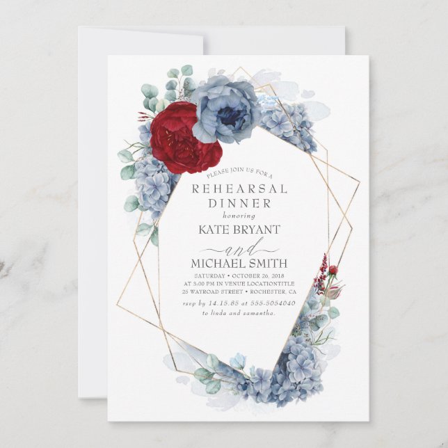 Burgundy Red Dusty Blue Floral Rehearsal Dinner Invitation (Front)
