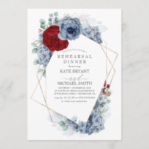 Burgundy Red Dusty Blue Floral Rehearsal Dinner Invitation
