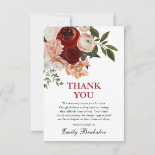 Burgundy Red Dusty Terracotta Floral Funeral Thank You Card