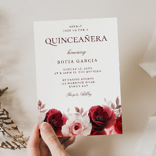Burgundy Red Elegance Red Rose Quinceanera Invitation