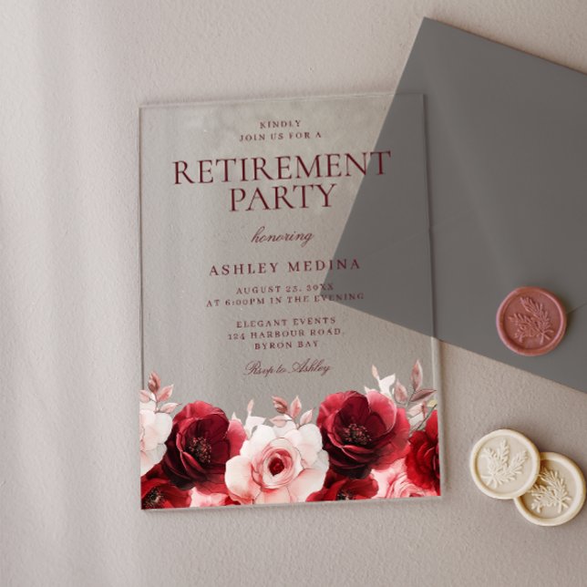 Burgundy Red Elegance: Red Rose Retirement Party Acrylic Invitations (Creator Uploaded)
