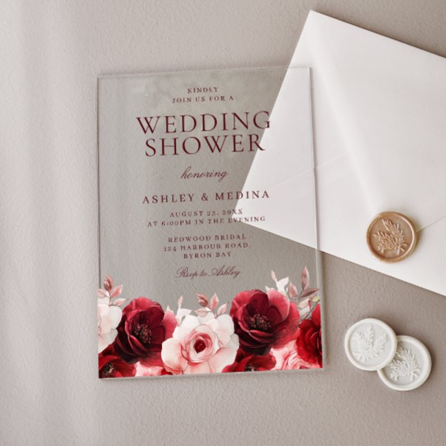 Burgundy Red Elegance: Red Rose Wedding Shower Acrylic Invitations (Creator Uploaded)