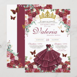 Burgundy Red Elegant Buttefly Princess Quinceañera Invitation