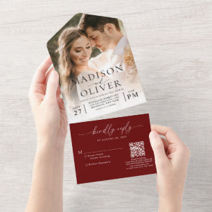 Burgundy Red Elegant Classic QR Code Photo Wedding All In One Invitation