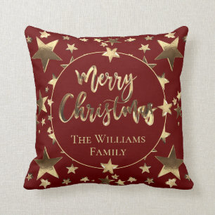 Burgundy Red Elegant Gold Script Merry Christmas Cushion