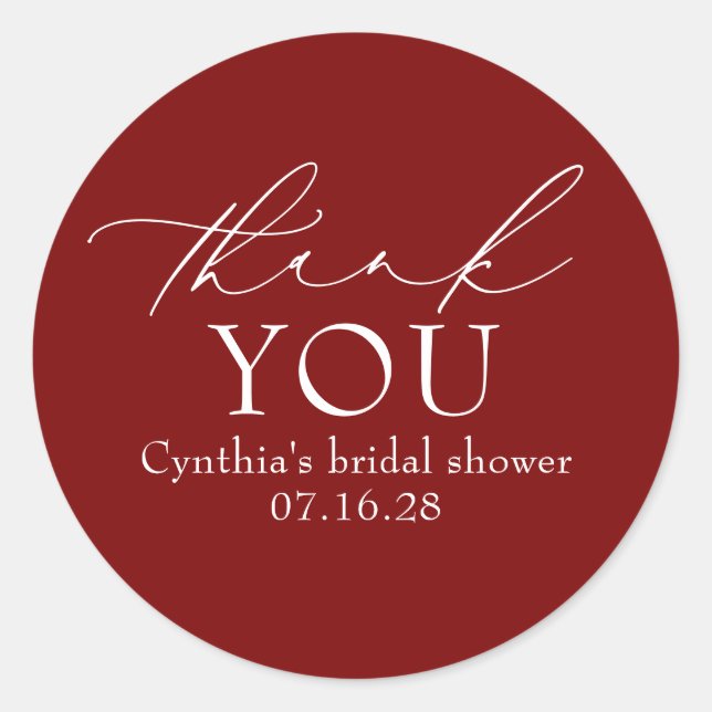 Burgundy Red Elegant Script Modern Thank You  Classic Round Sticker (Front)