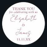 Burgundy Red Elegant Script Wedding Thank You Classic Round Sticker<br><div class="desc">This burgundy red minimalist elegant script wedding thank you sticker can be personalised with your information in chic typography. Designed by Thisisnotme©</div>