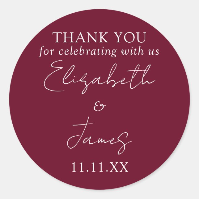 Burgundy Red Elegant Script Wedding Thank You Classic Round Sticker (Front)