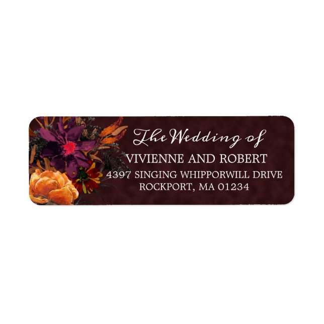Burgundy Red Fall Flowers Wedding Return Address Label (Front)