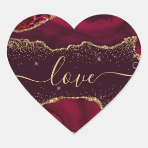 Burgundy Red & Faux Gold Glitter Agate Valentine's Heart Sticker