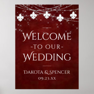 Burgundy Red Fleur de Lis Light   Wedding Welcome Poster