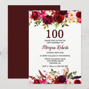 Burgundy Red Floral 100th Birthday Party Invite