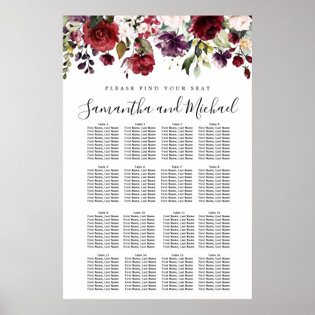 Burgundy Red Floral 16-Table Wedding Seating Chart (Front)