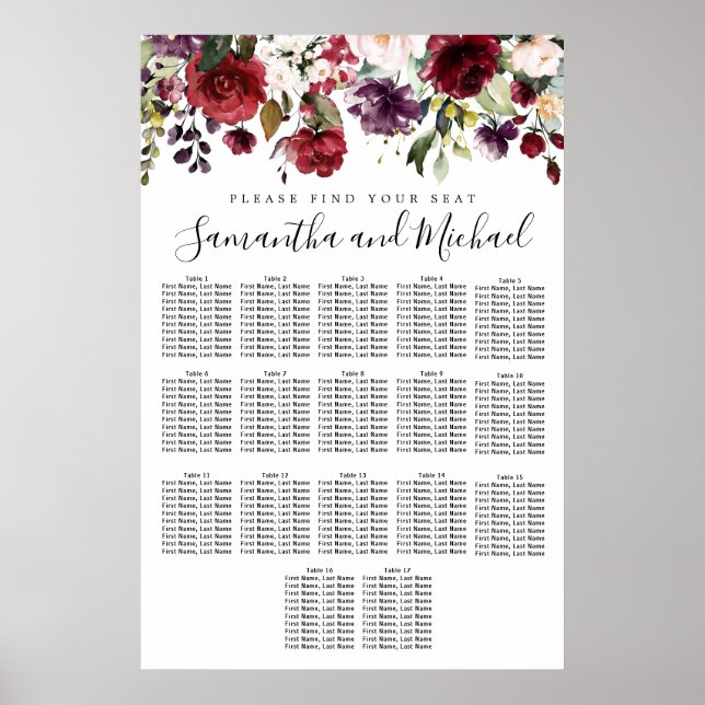 Burgundy Red Floral 17-Table Wedding Seating Chart (Front)
