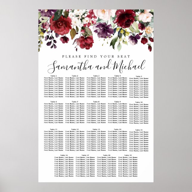 Burgundy Red Floral 19-Table Wedding Seating Chart (Front)