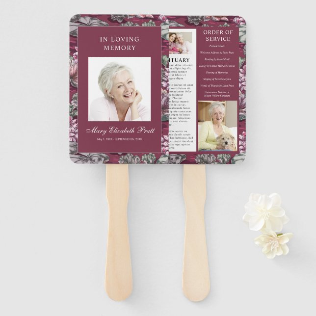 Burgundy Red Floral 3 Photo Funeral Program Hand Fan (Front and Back)