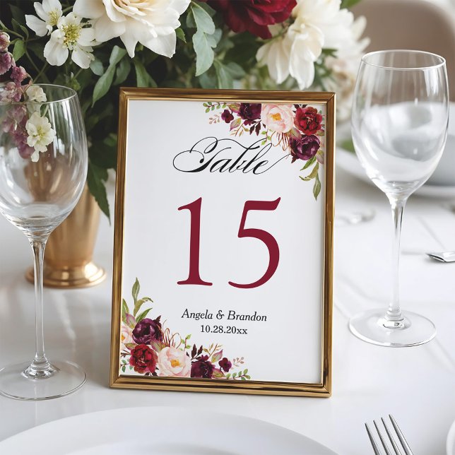 Burgundy Red Floral 5x7 Wedding Table Number (Creator Uploaded)