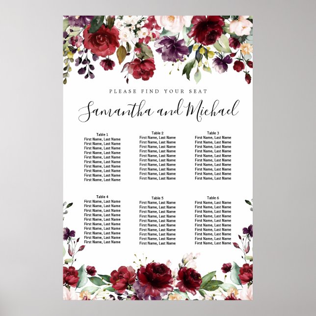 Burgundy Red Floral 6-Table Wedding Seating Chart (Front)