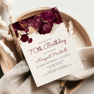 Burgundy Red Floral 70th Birthday Party Invitation