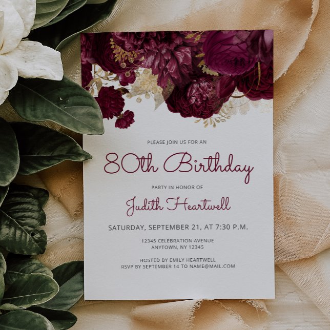 Burgundy Red Floral 80th Birthday Party Invitation (Creator Uploaded)