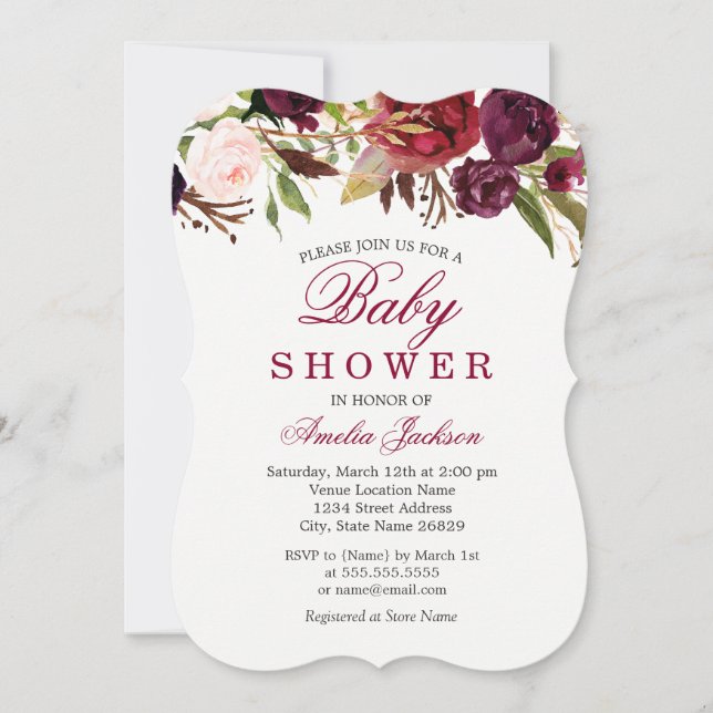 Burgundy Red Floral Baby Shower Invitation (Front)