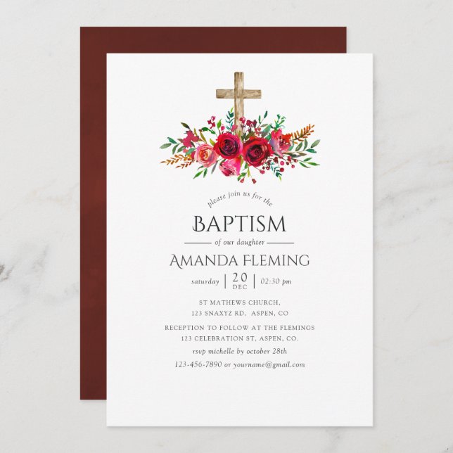 Burgundy Red Floral Baptism or Christening Invitation (Front/Back)