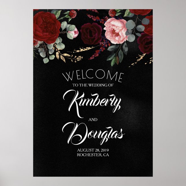 Burgundy Red Floral Black Wedding Welcome Sign (Front)