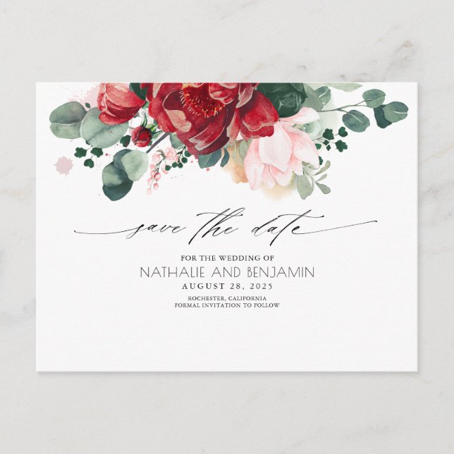 Burgundy Red Floral Bohemian Save the Date Postcard (Front)